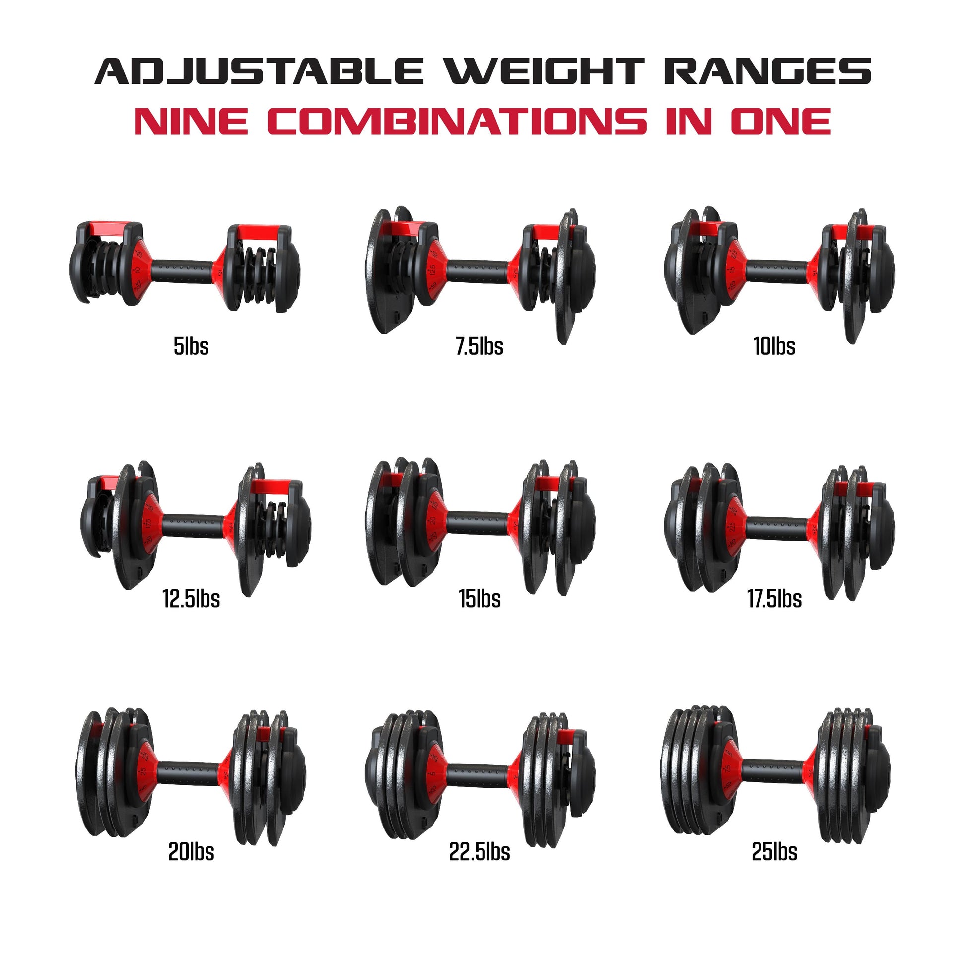 (2 Pack)  Smartbell, 25Lbs. Quick-Select 9 in 1 Adjustable Dumbbell for Home Gym, 5-25Lbs. Weight in 2.5Lbs Increments